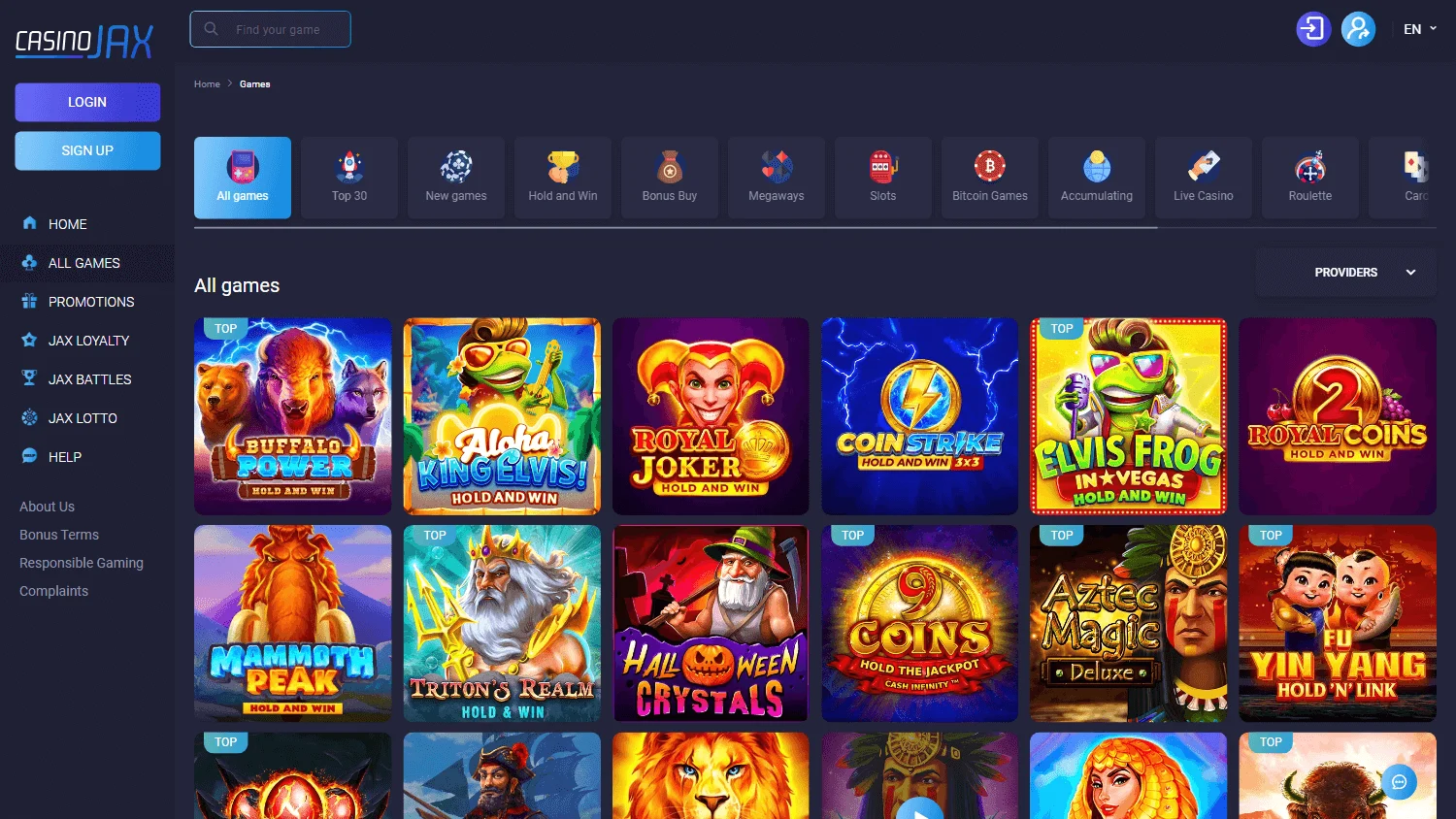 Casino Jax desktop games area with casino categories and titles