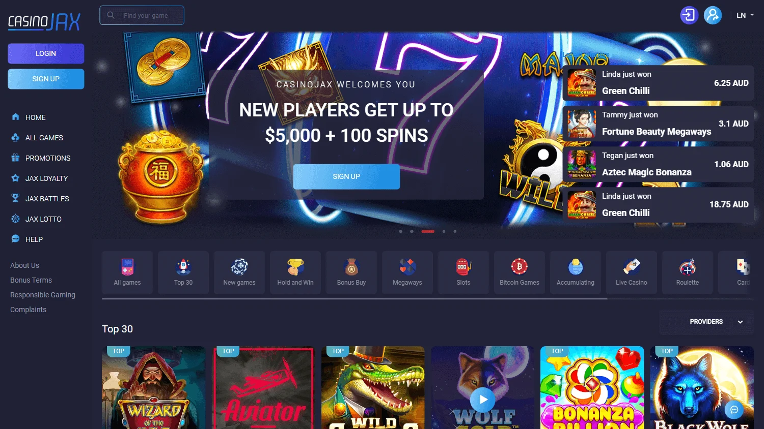Casino Jax desktop home screen with account and casino information