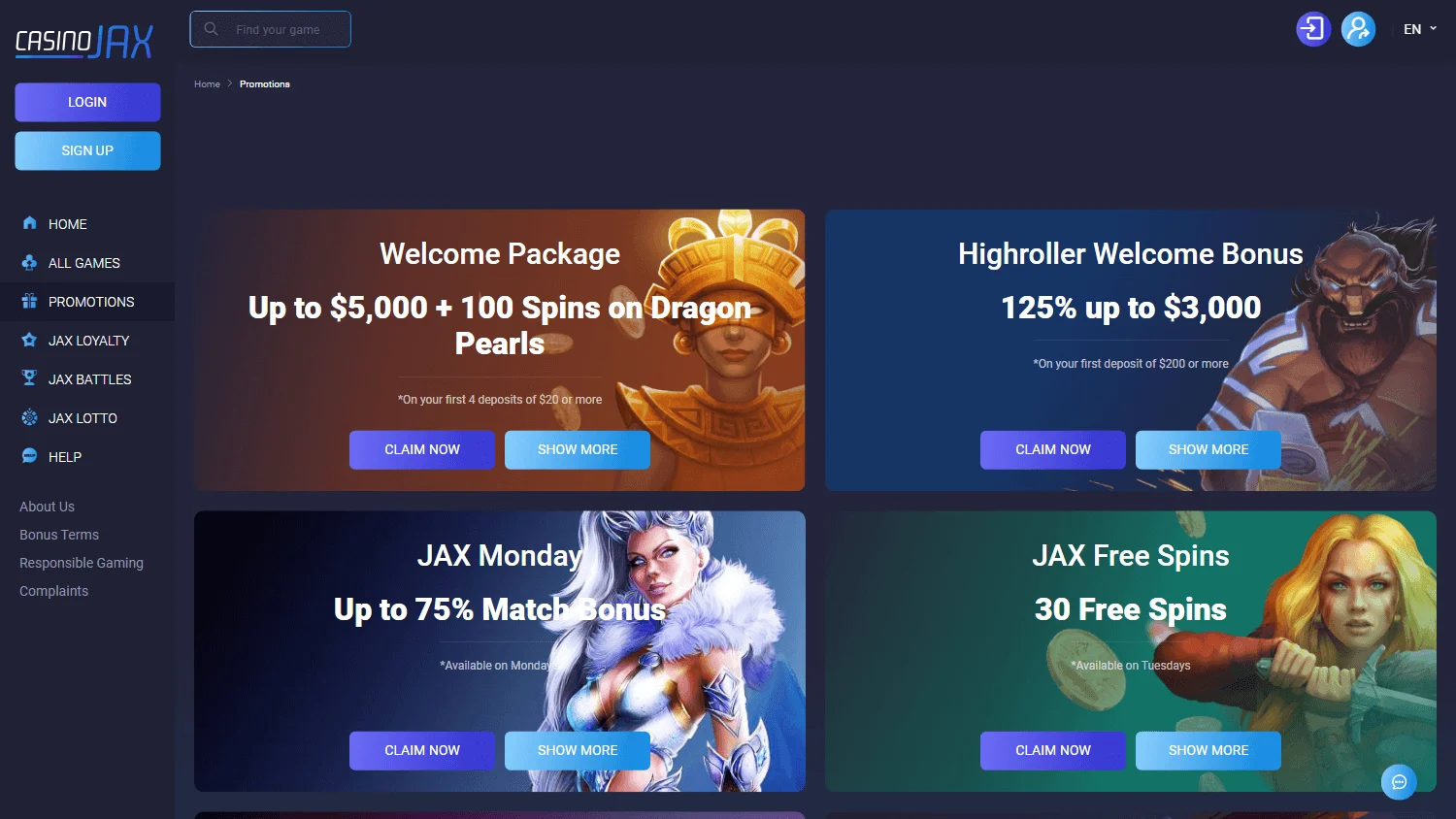 Casino Jax desktop promotions area with welcome and deposit offers