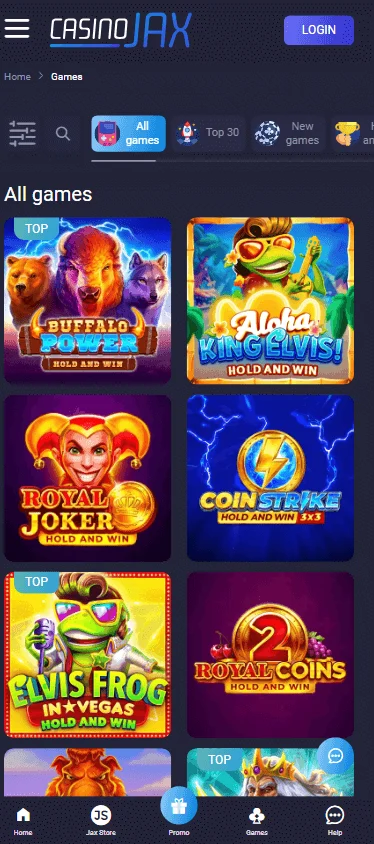 Casino Jax mobile browser games area with search and game categories