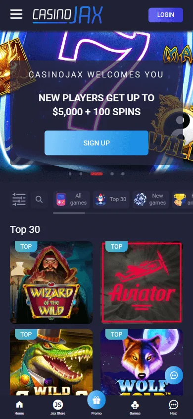 Casino Jax mobile browser home screen on a phone