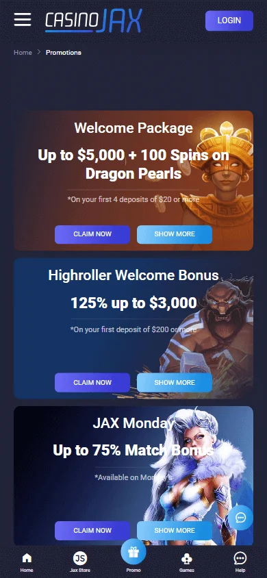 Casino Jax mobile browser promotions area with recurring offers